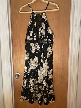 Allegra K Black Floral Halter Midi Dress with Cream Blooms